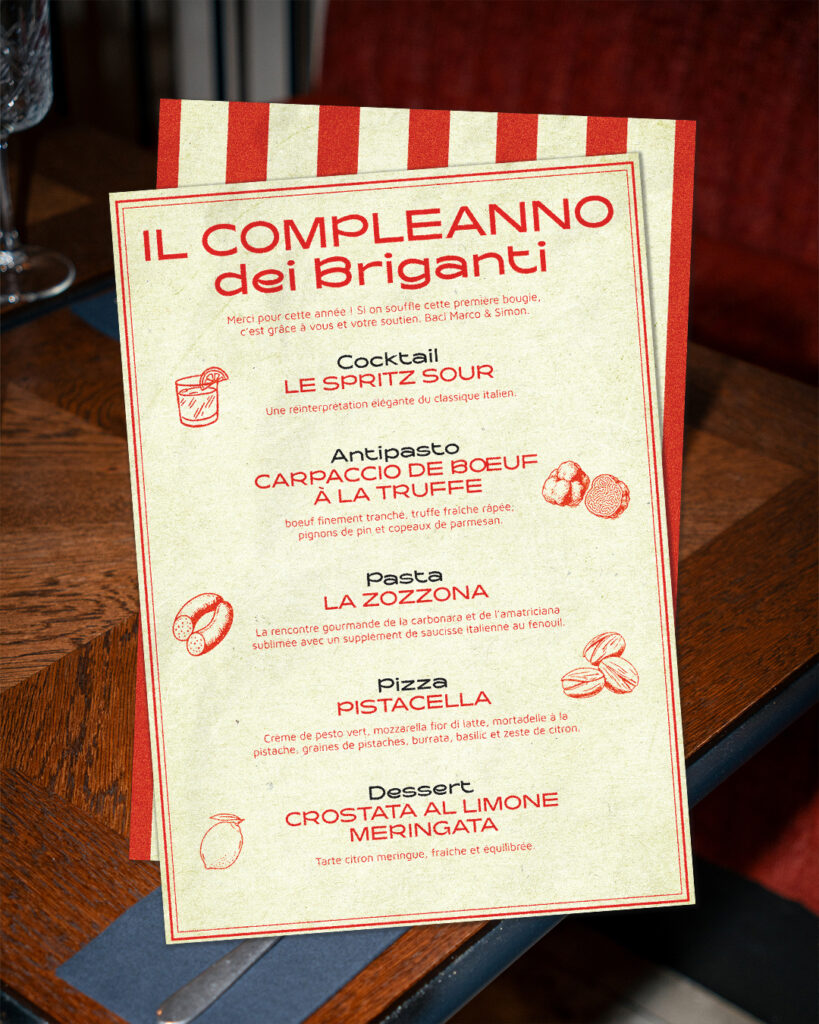 Menu illustré de l'anniversaire de Briganti