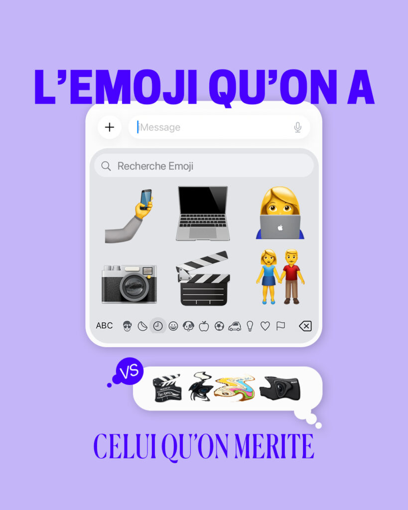 L'emoji qu'on a vs celui qu'on mérite" affichant des emojis apple et des emojis dans une bulle de texte floutés