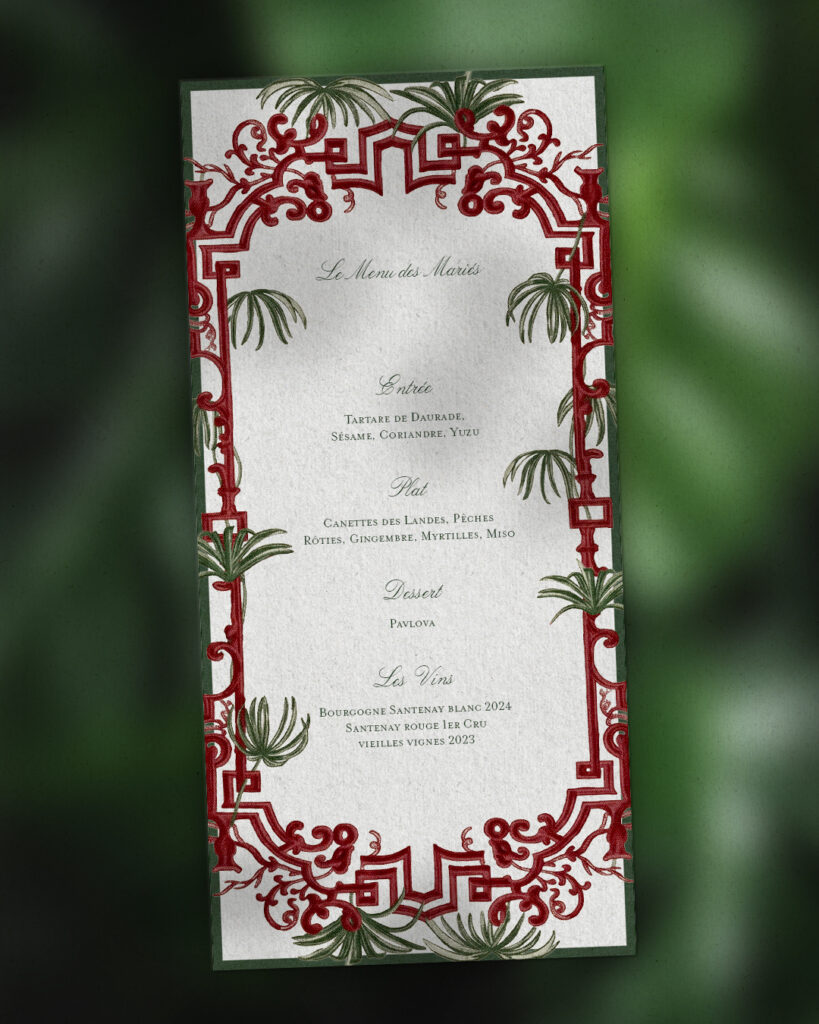 Menu vertical avec un motif en contour sur fond vert flouté