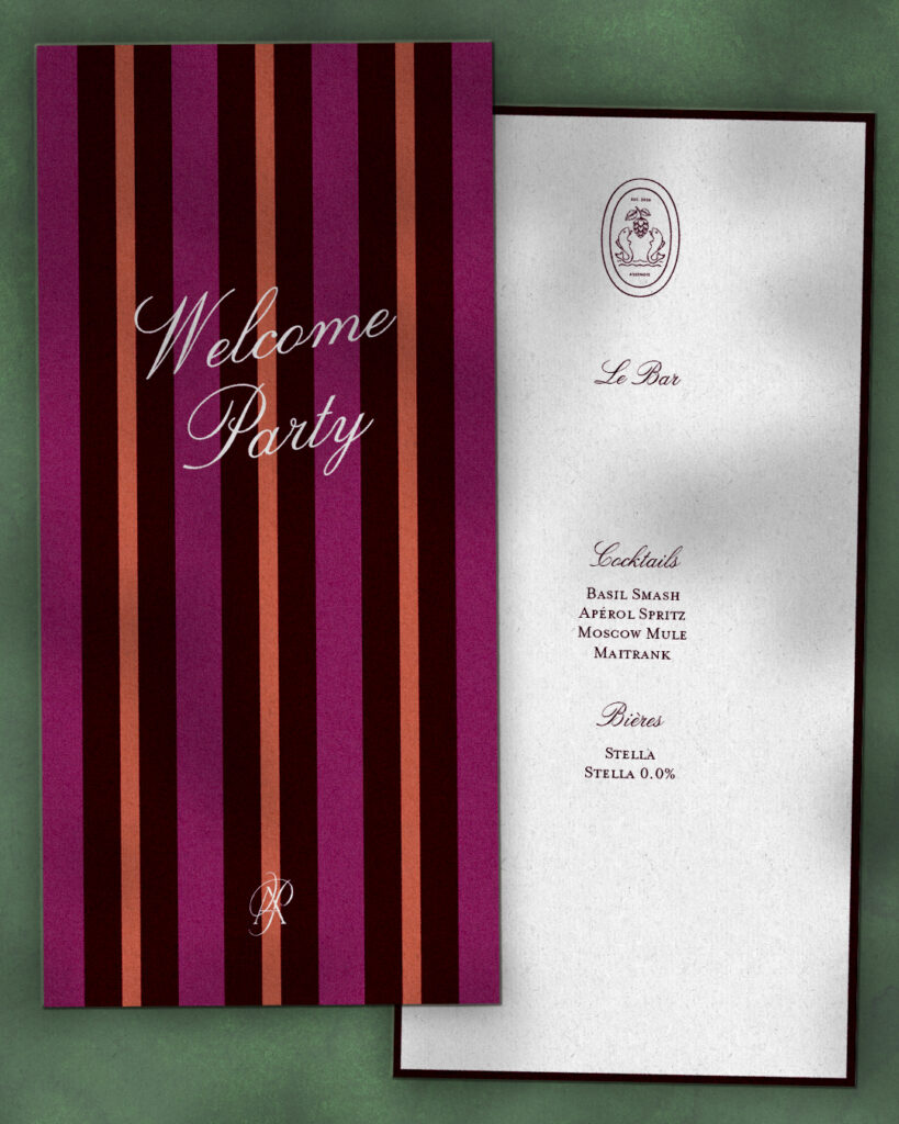 Menu de la "welcome party" ligné coloré sur fond vert