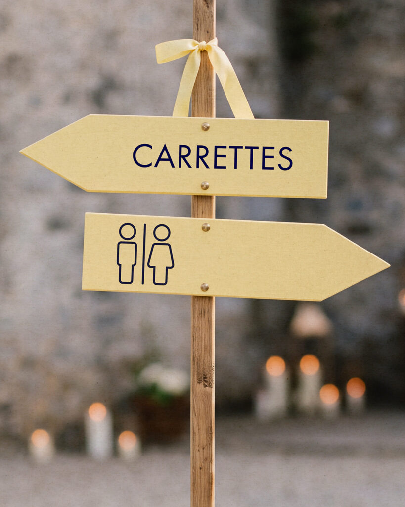 Un panneau de signalétique indiquant "Carrettes" à gauche et les toilettes à droite